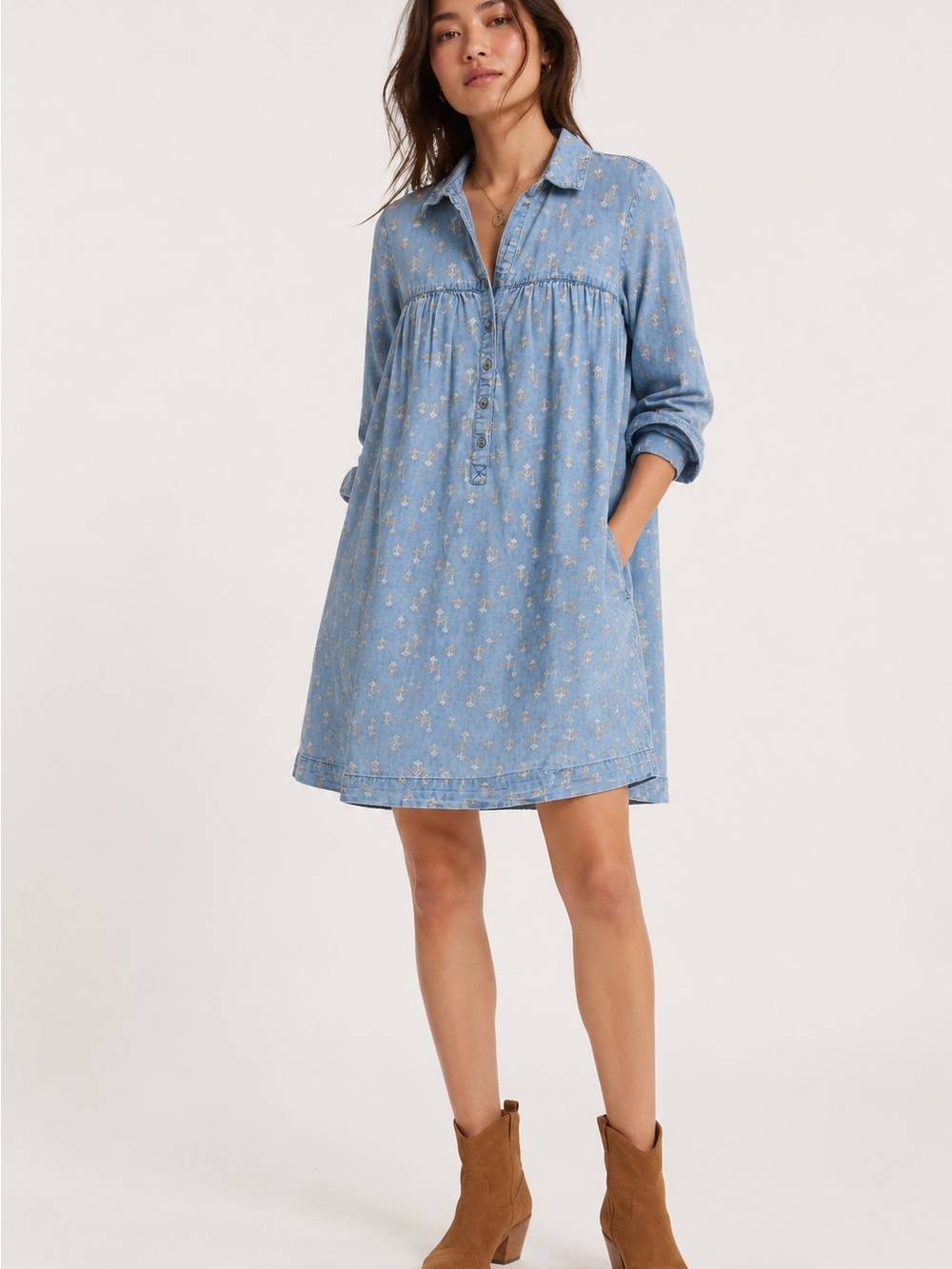 Anthropologie Pilcro Chambray Floral Dress Womens Size 2 Boho Prairie